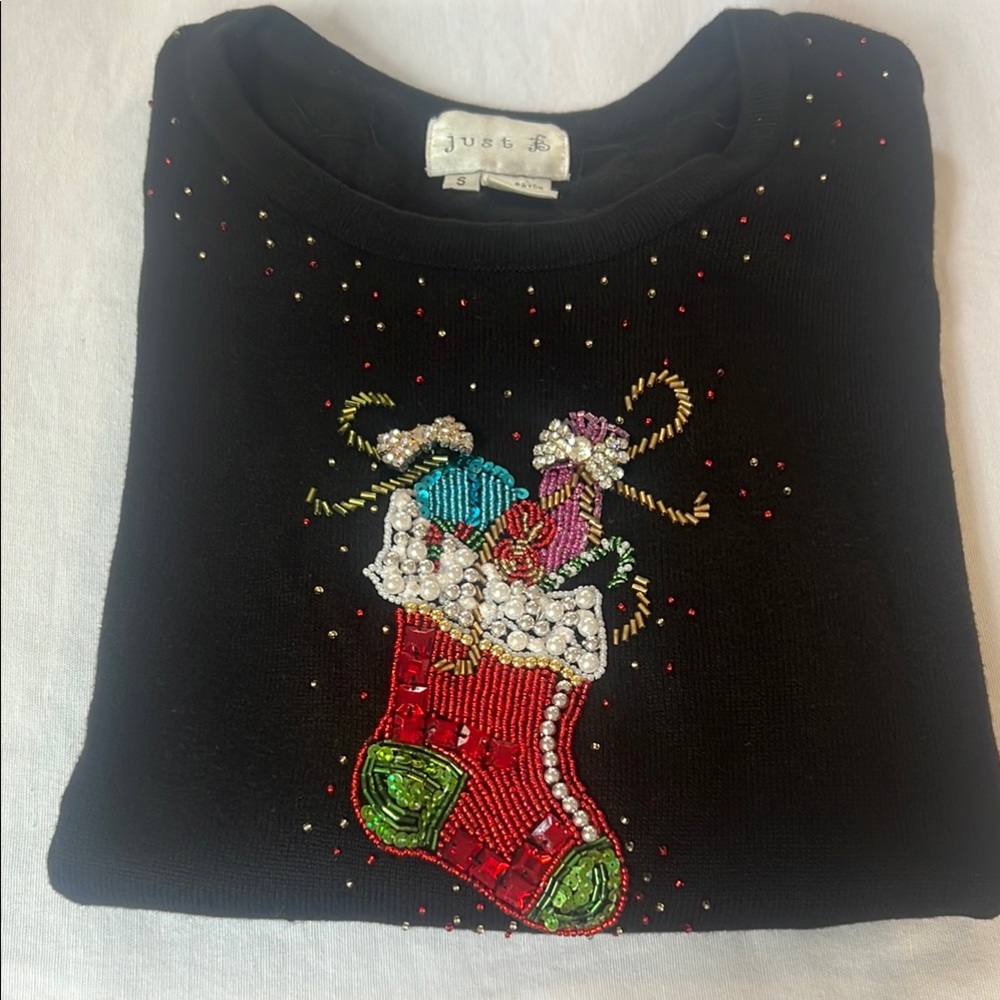 Vintage Just B Black Holiday Sweater with Colorful Sequin Stocking - Picture 7 of 9